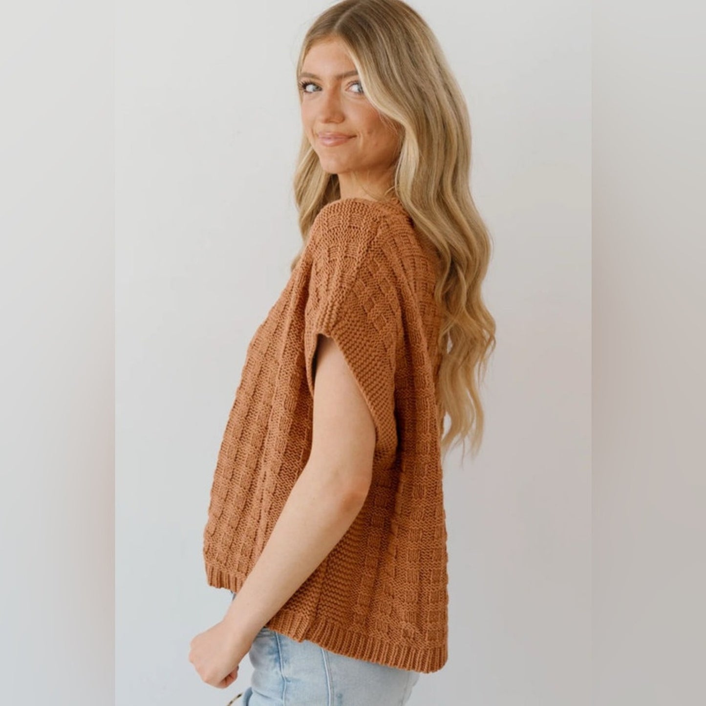 Maci camel round neck textured knit sweater vest