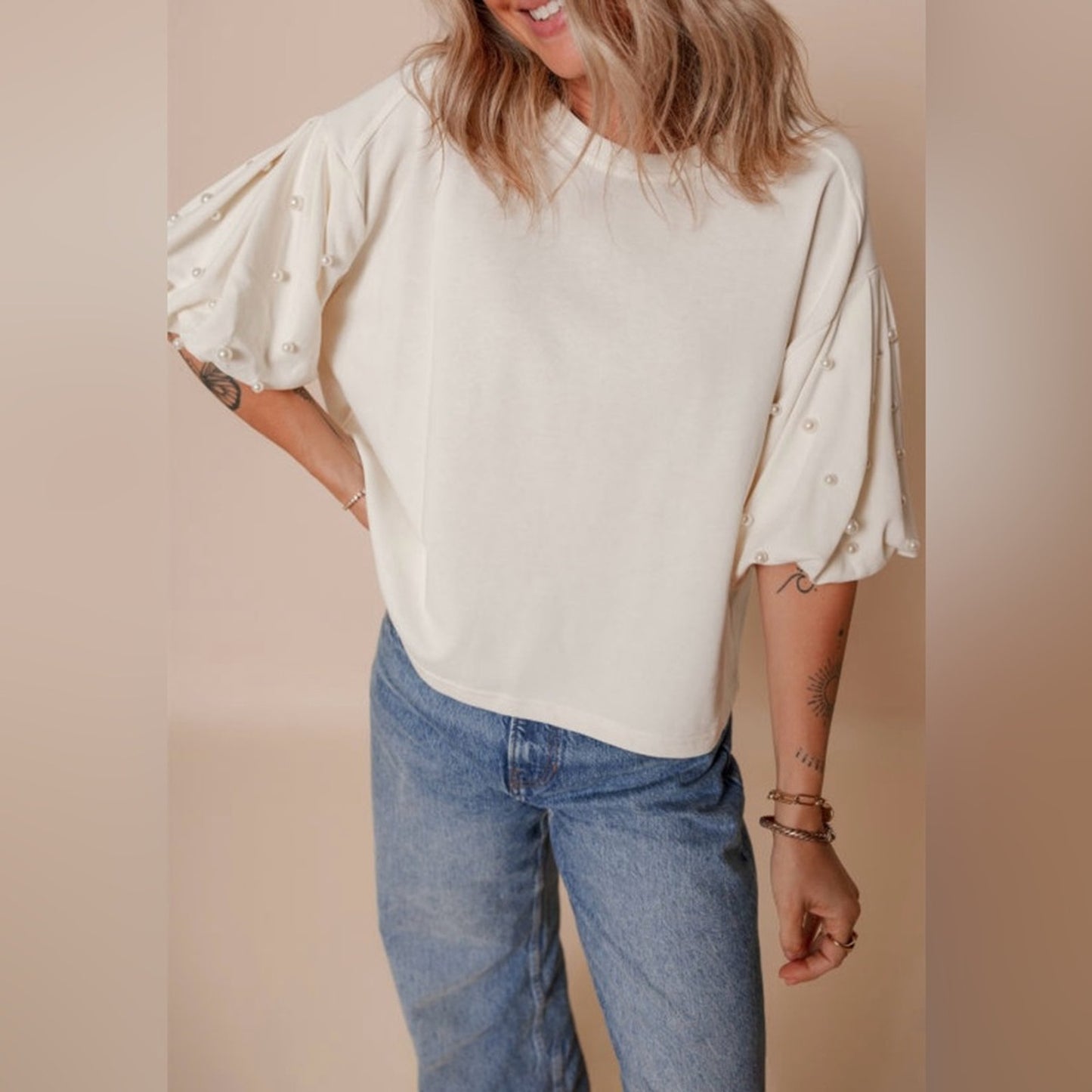 Fallon pearled sleeve blouse