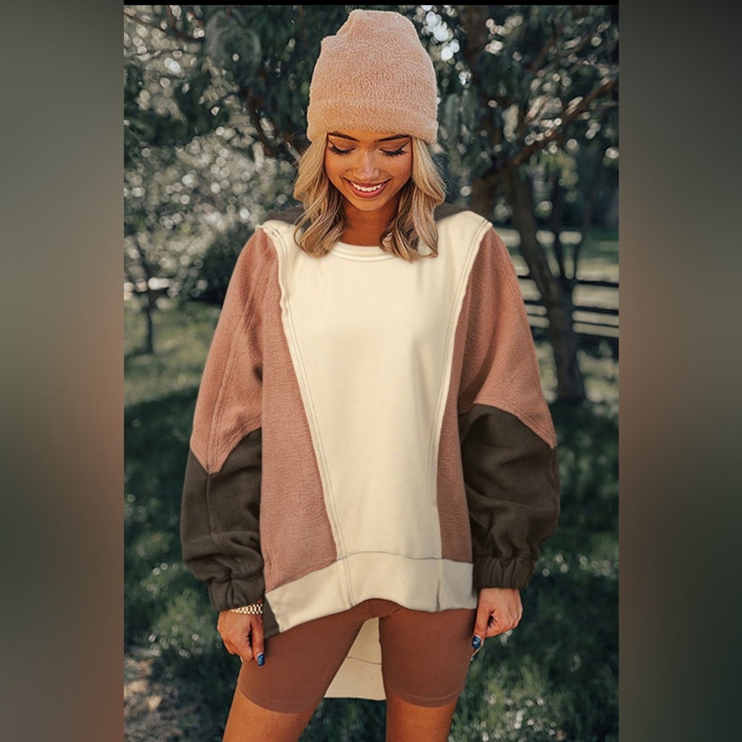 Emelia oversized color block patchwork high low hoodie