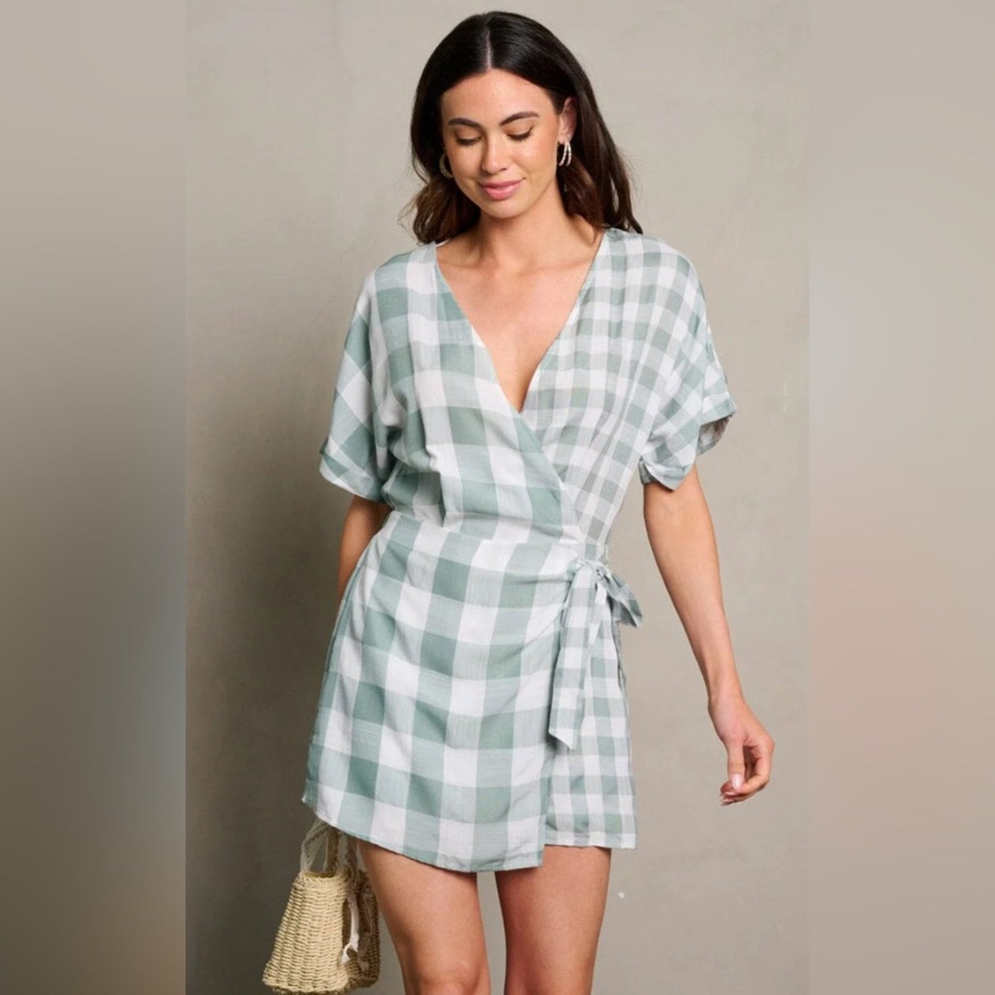 Jaiden- short sleeve plaid wrap romper