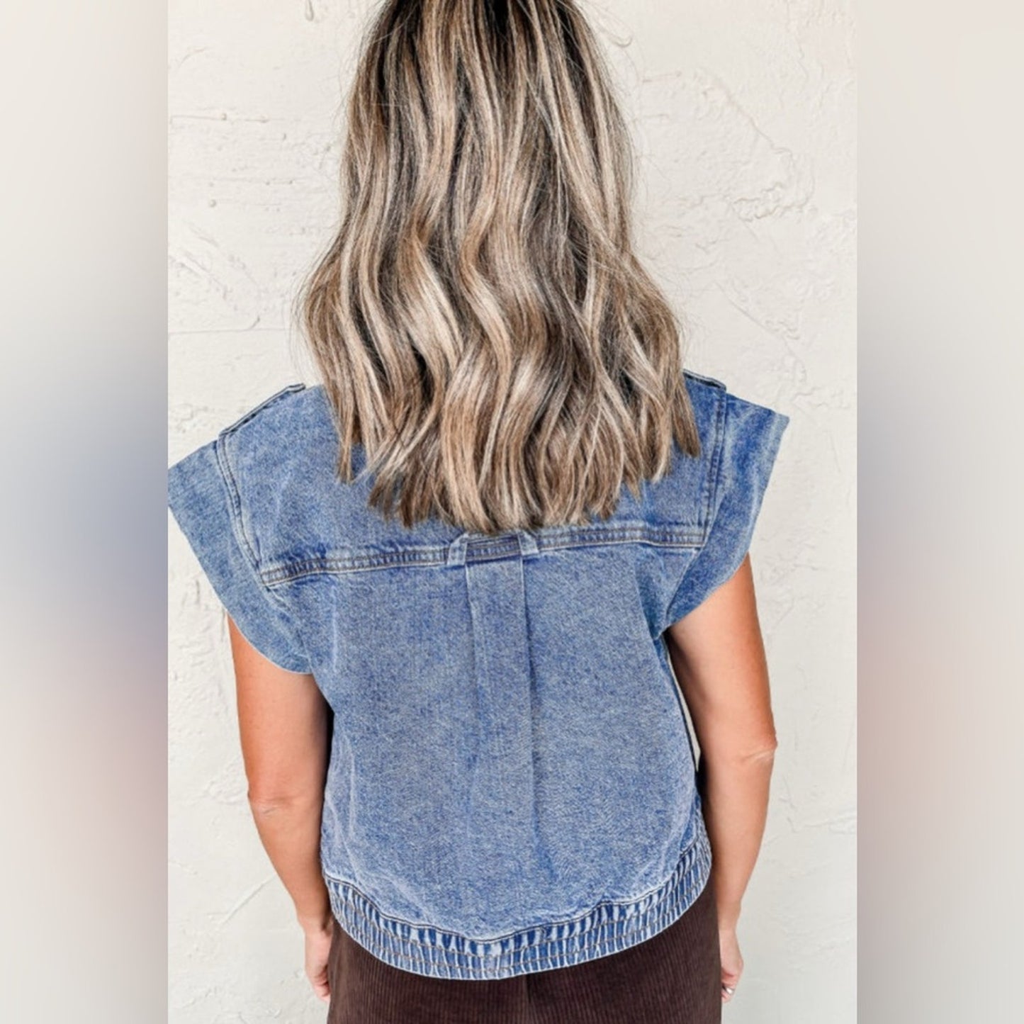 Ashley blue acid wash elastic hem button up jean jacket