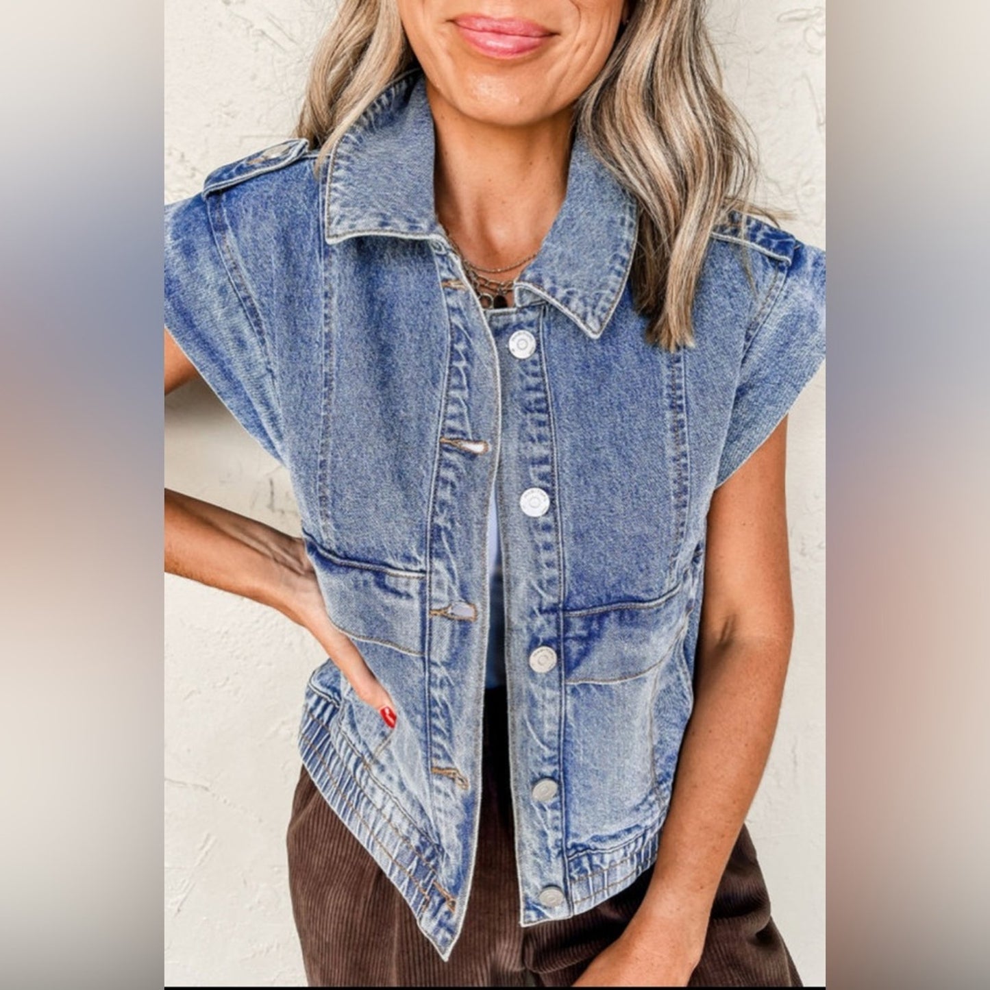Ashley blue acid wash elastic hem button up jean jacket