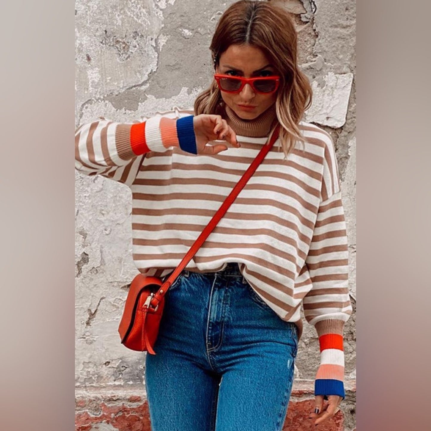Karina brown stripe colorblock bishop sleeve turtleneck sweater