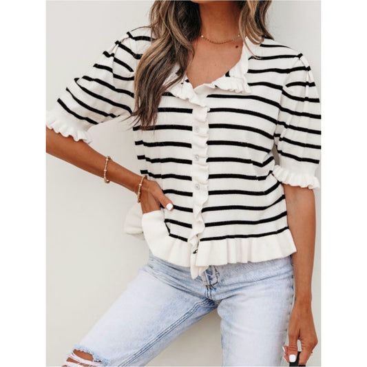 Bethany Striped Ruffle Button-Front Knit Top - White/Black