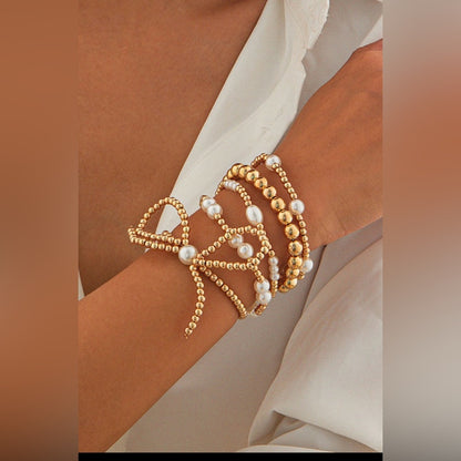 gold bow knot pearl beaded layered bracelet stack!!