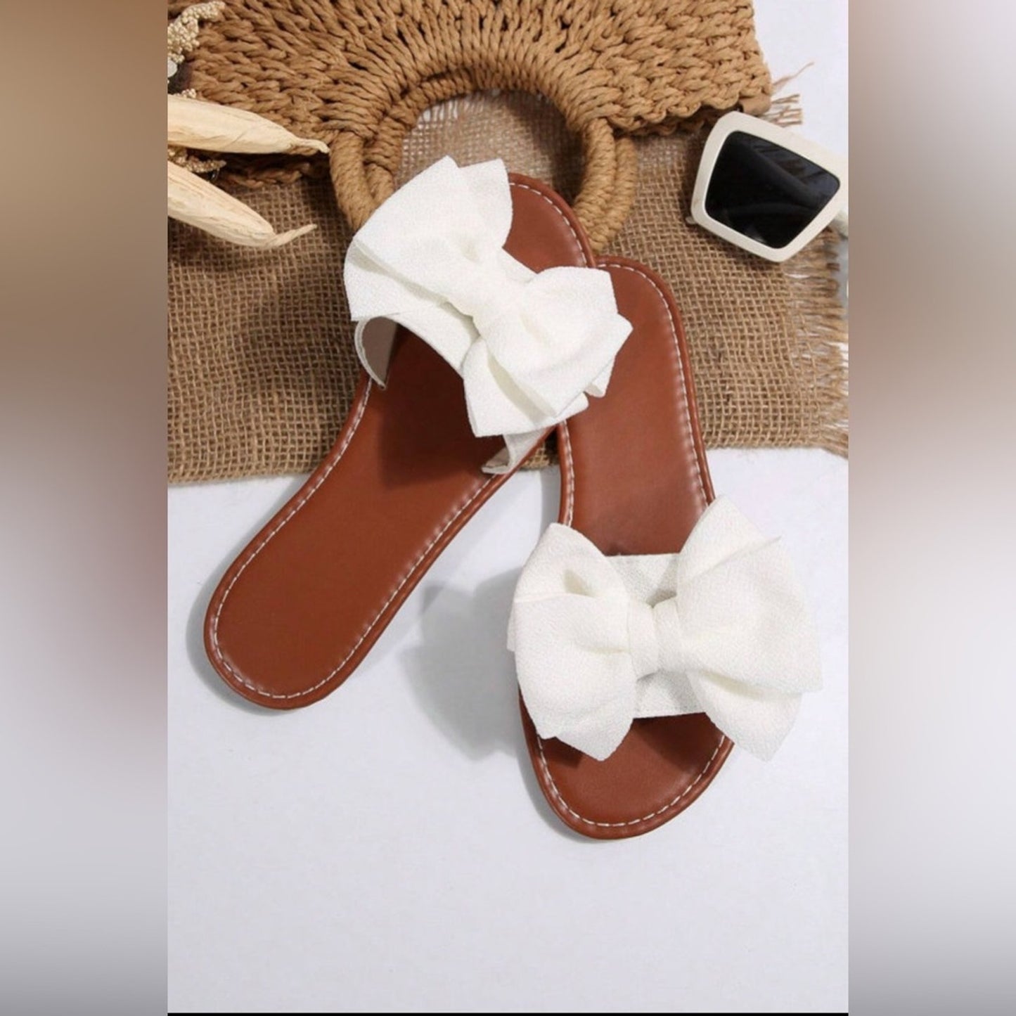 Bette - Elegant White Bow Slide Sandals