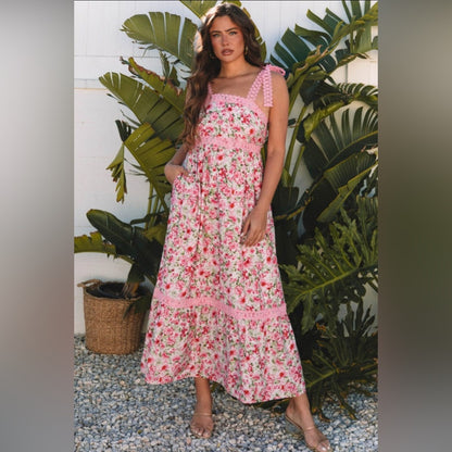 Anna-  pink floral lace tied strap maxi dress