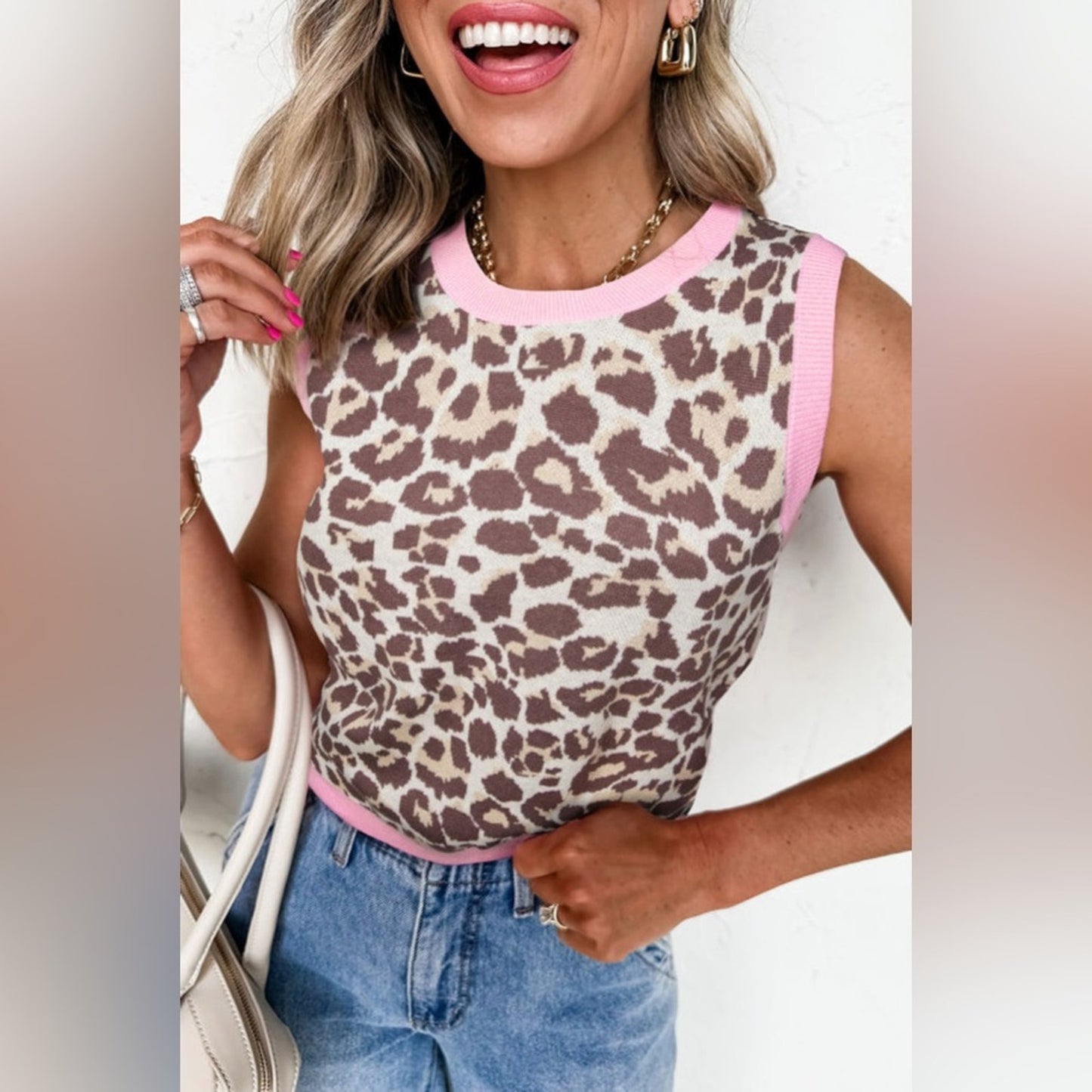 Kasey- Leopard Print Sleeveless Top with Pink Trim