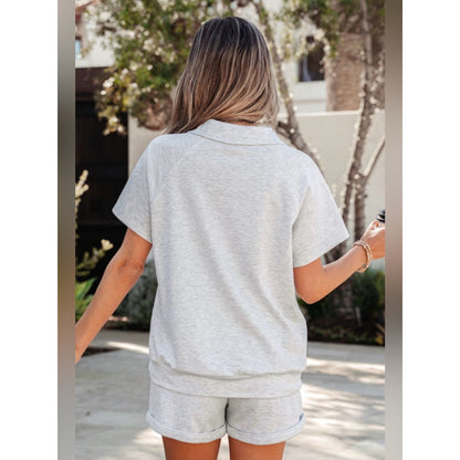 Addy- Light Gray Women's Collared V-Neck Short Set