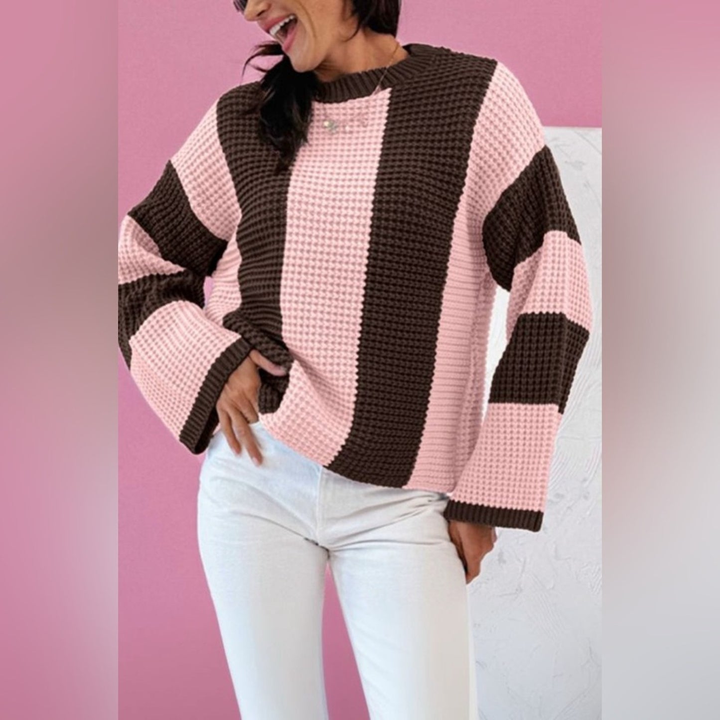 Layla - Pink and Brown Striped Women's Sweater