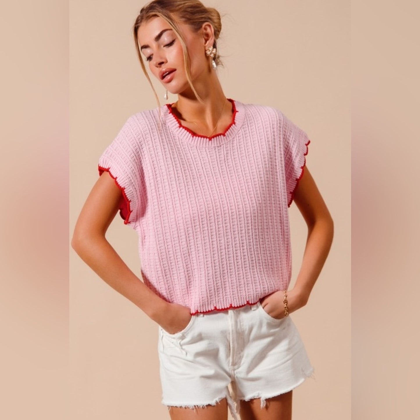 Ava- Pink Ribbed Knit Top with Red Trim