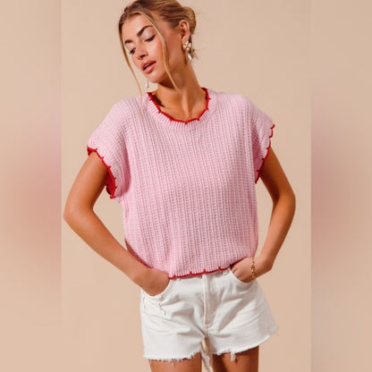 Ava- Pink Ribbed Knit Top with Red Trim