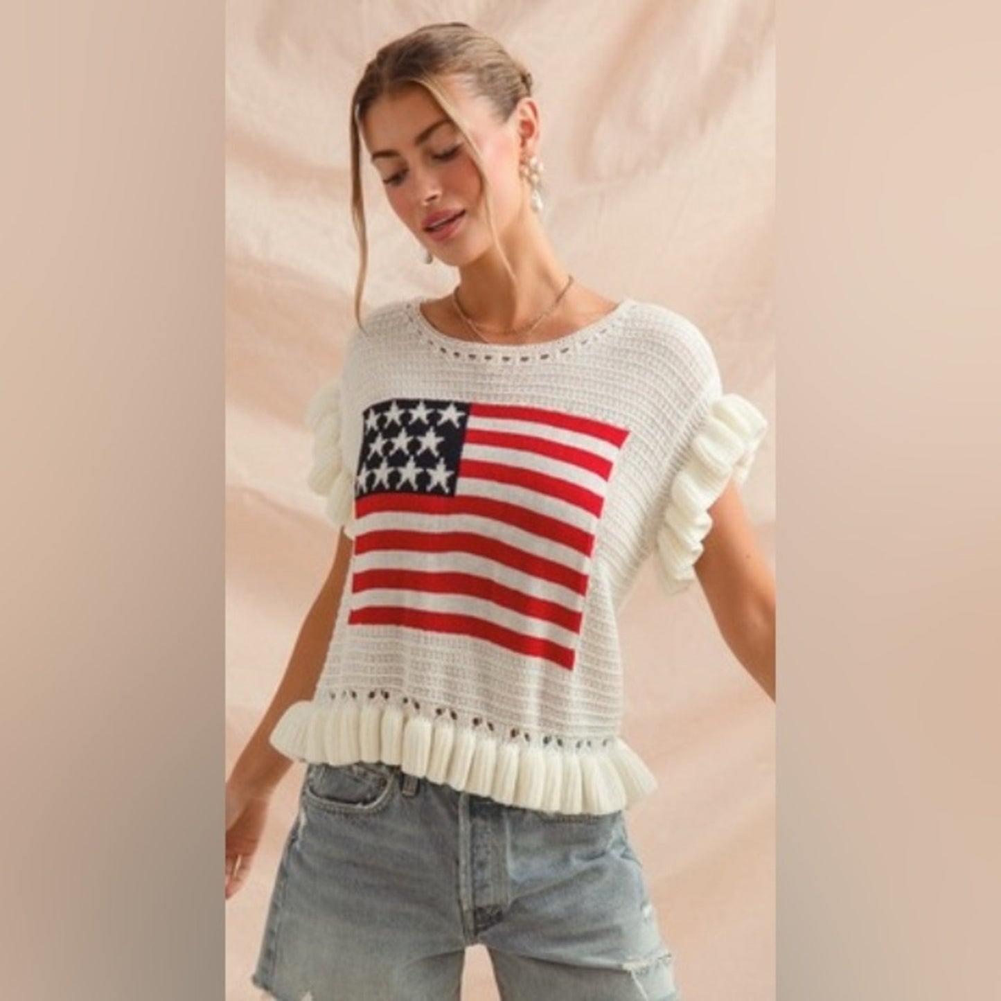 Arden-  White Knit Top with American Flag Design