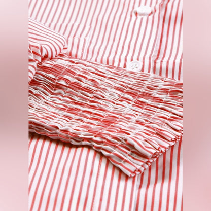Sidney- Striped Red Button Down Pocketed Blouse