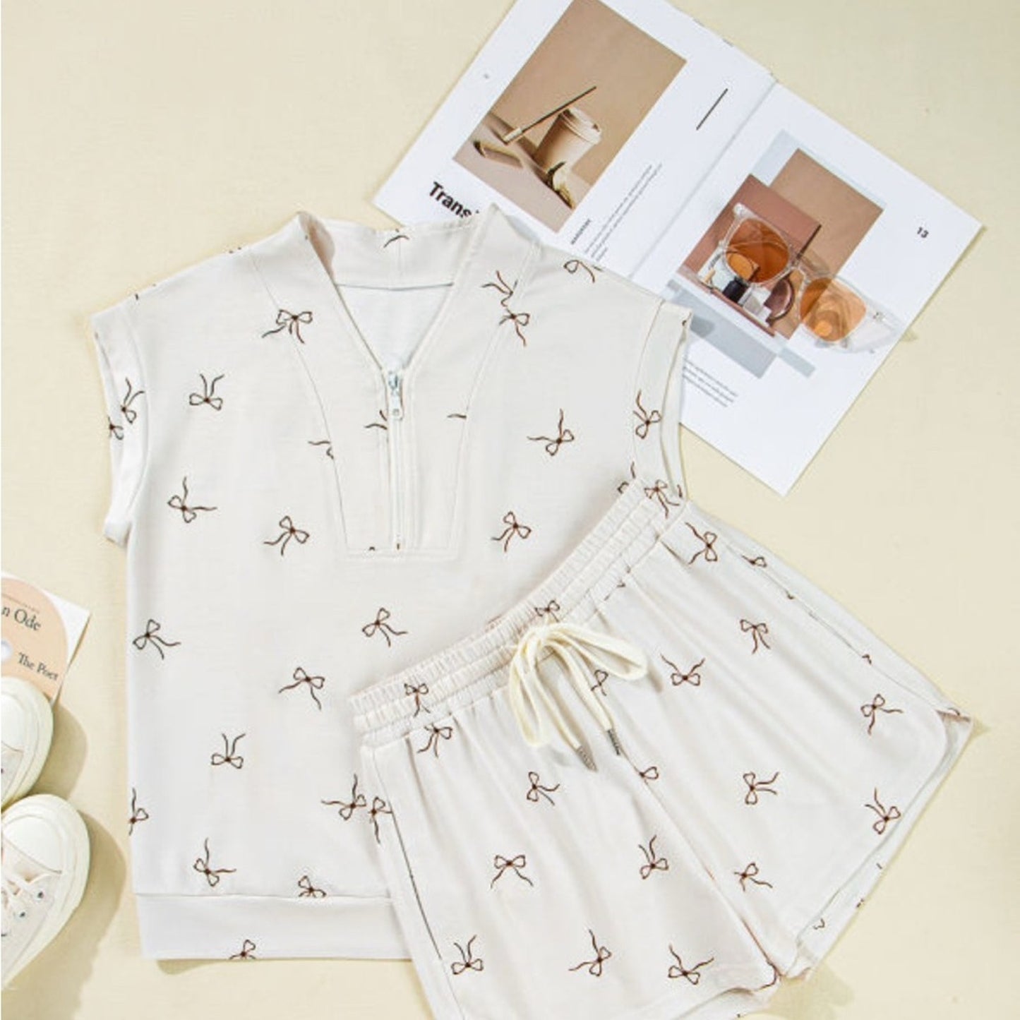 Eve- Cream Sleeveless Short Set with Bow Pattern