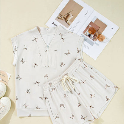 Eve- Cream Sleeveless Short Set with Bow Pattern