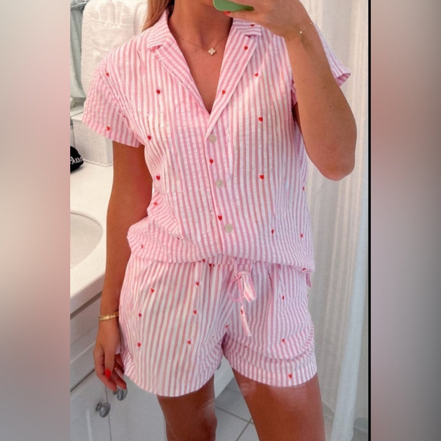 Harleigh - Pink Striped Pajamas with Red Hearts