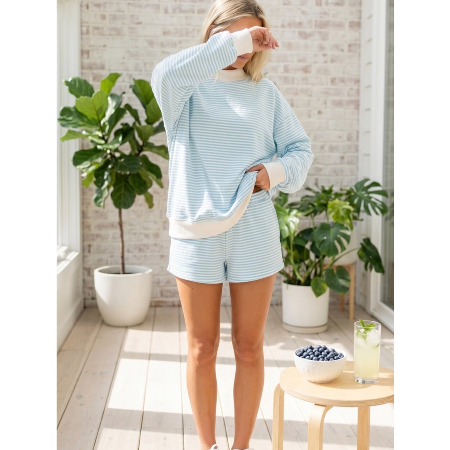 Skyler : Seafoam Blue & White Striped Loungewear Set