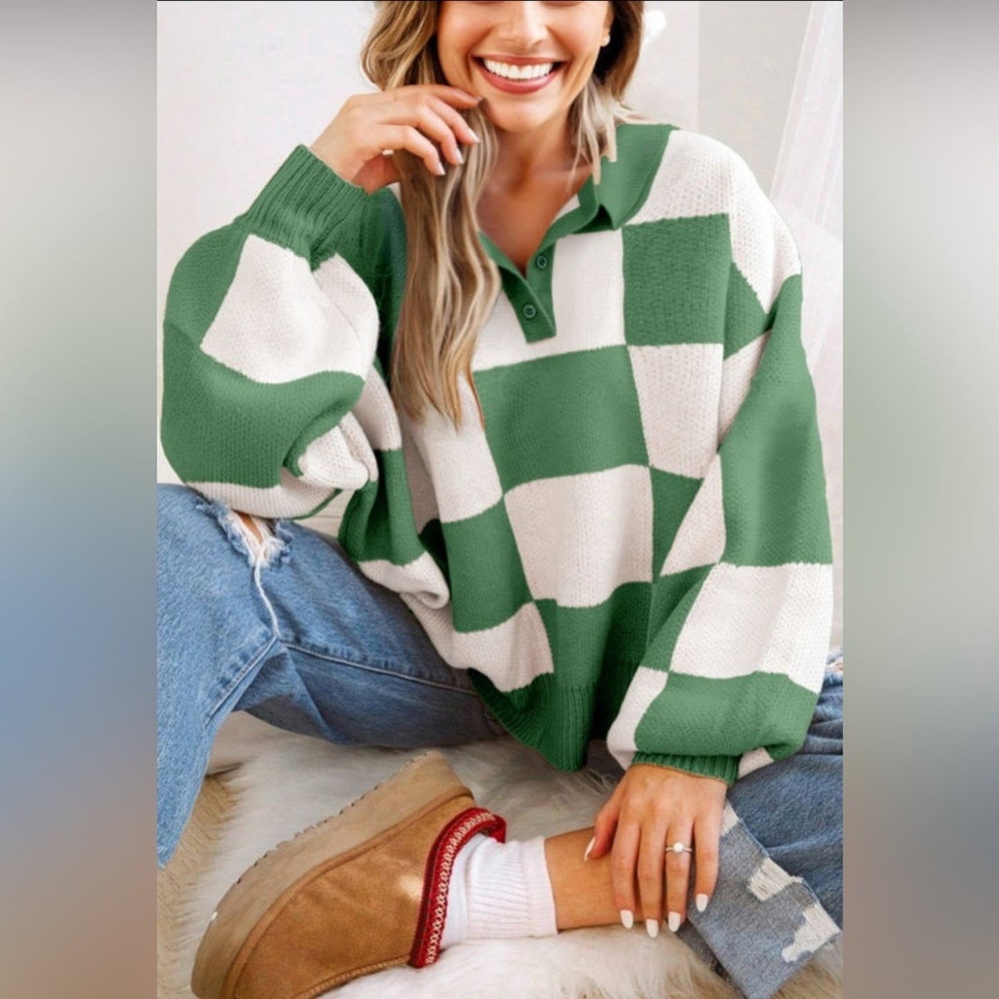 Brylee- Green and White Checkered Sweater