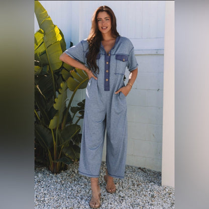 Julia - Blue Wide leg Jumpsuit with Button Details