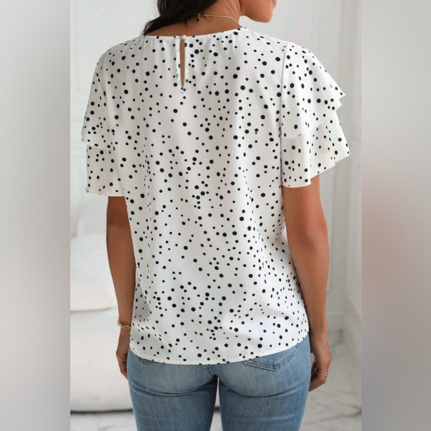 Polly-Polka Dot Ruffle Sleeve Top