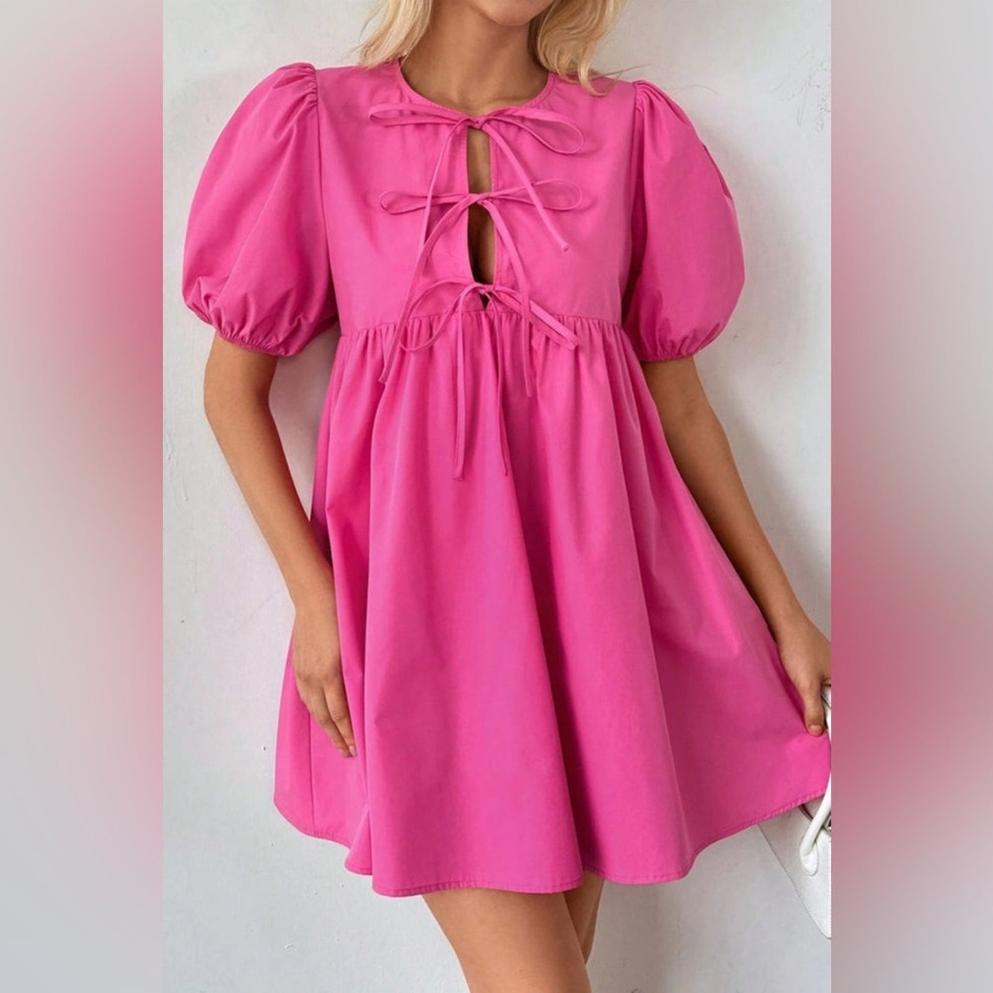 Belle- Pink Puff Sleeve Bow Dress