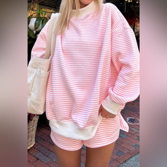 Scarlett- Pink and White Striped Sweatshirt Mock Neck set