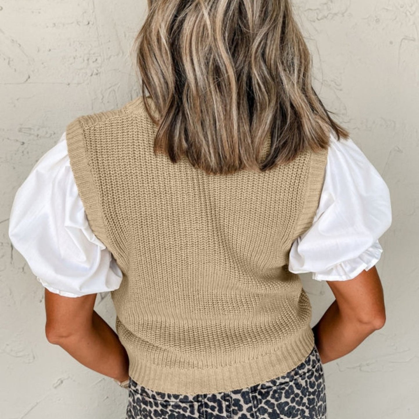 Claire- Stylish Tan Sweater Vest with Puff Sleeve Top