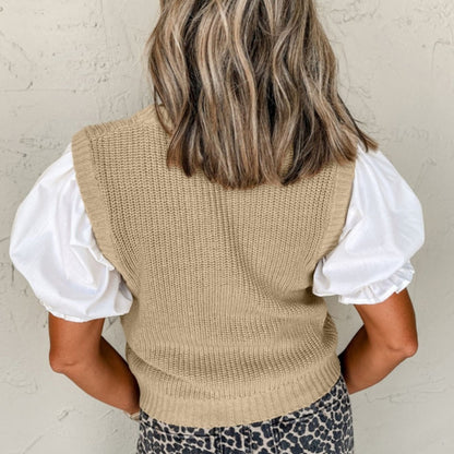 Claire- Stylish Tan Sweater Vest with Puff Sleeve Top