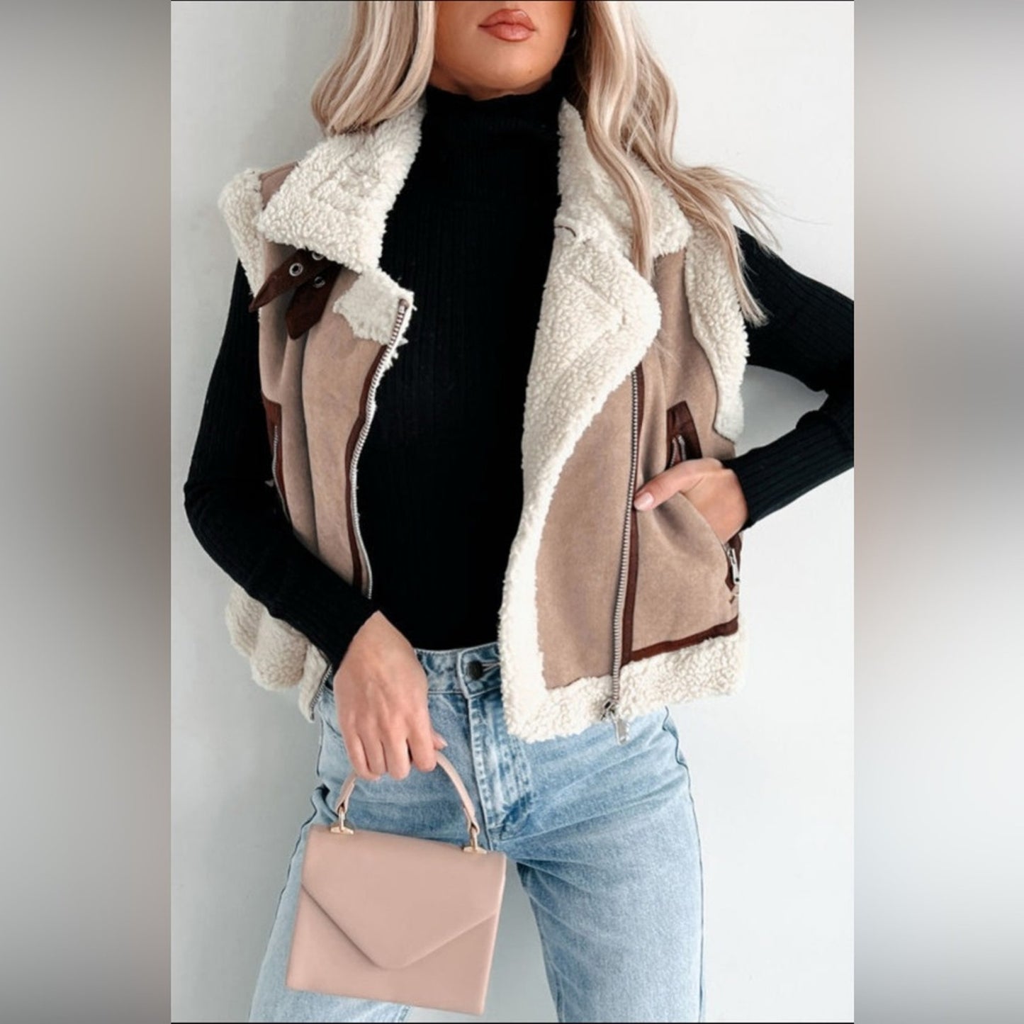 Jenna -Khaki Sherpa Lined Collar Vest