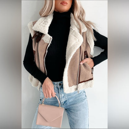 Jenna -Khaki Sherpa Lined Collar Vest