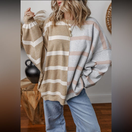 Roxie khaki stripe colorblock oversized sweater