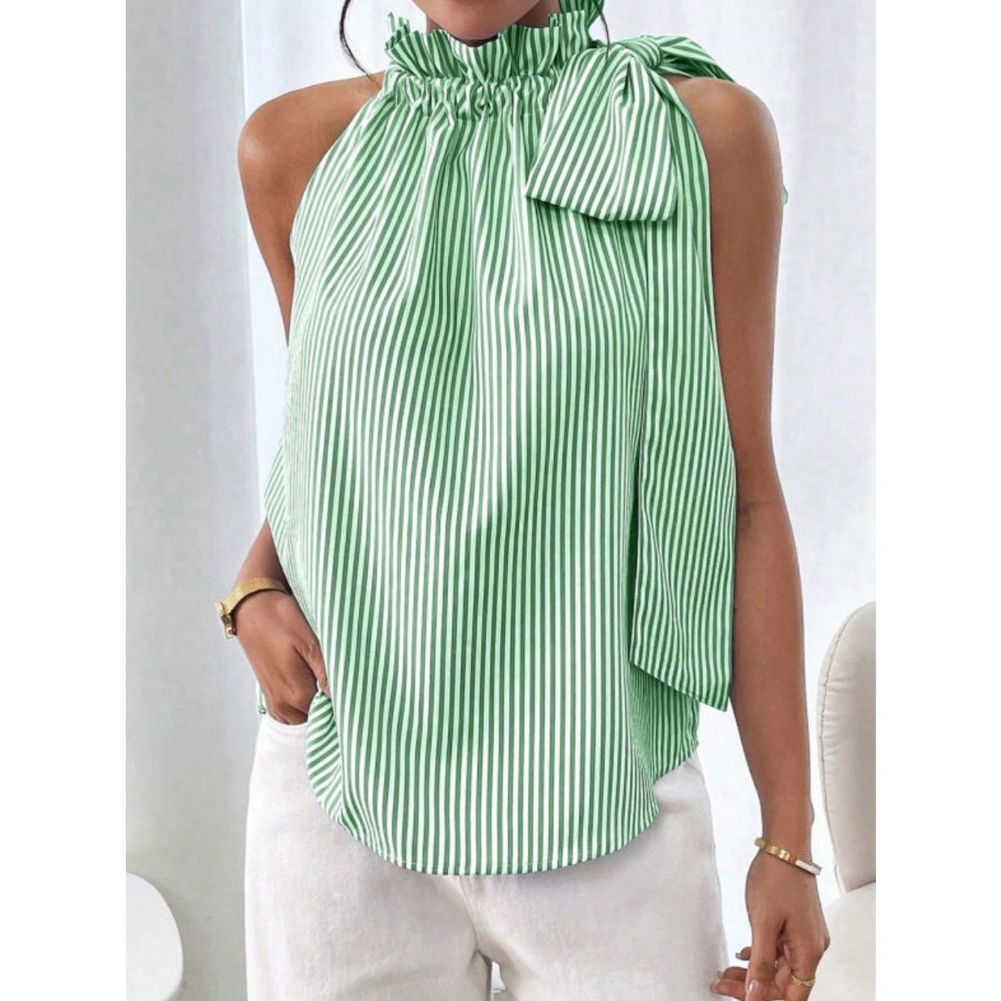 Kam Striped Green Halter Bow-Shoulder Top - Women