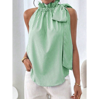 Kam Striped Green Halter Bow-Shoulder Top - Women