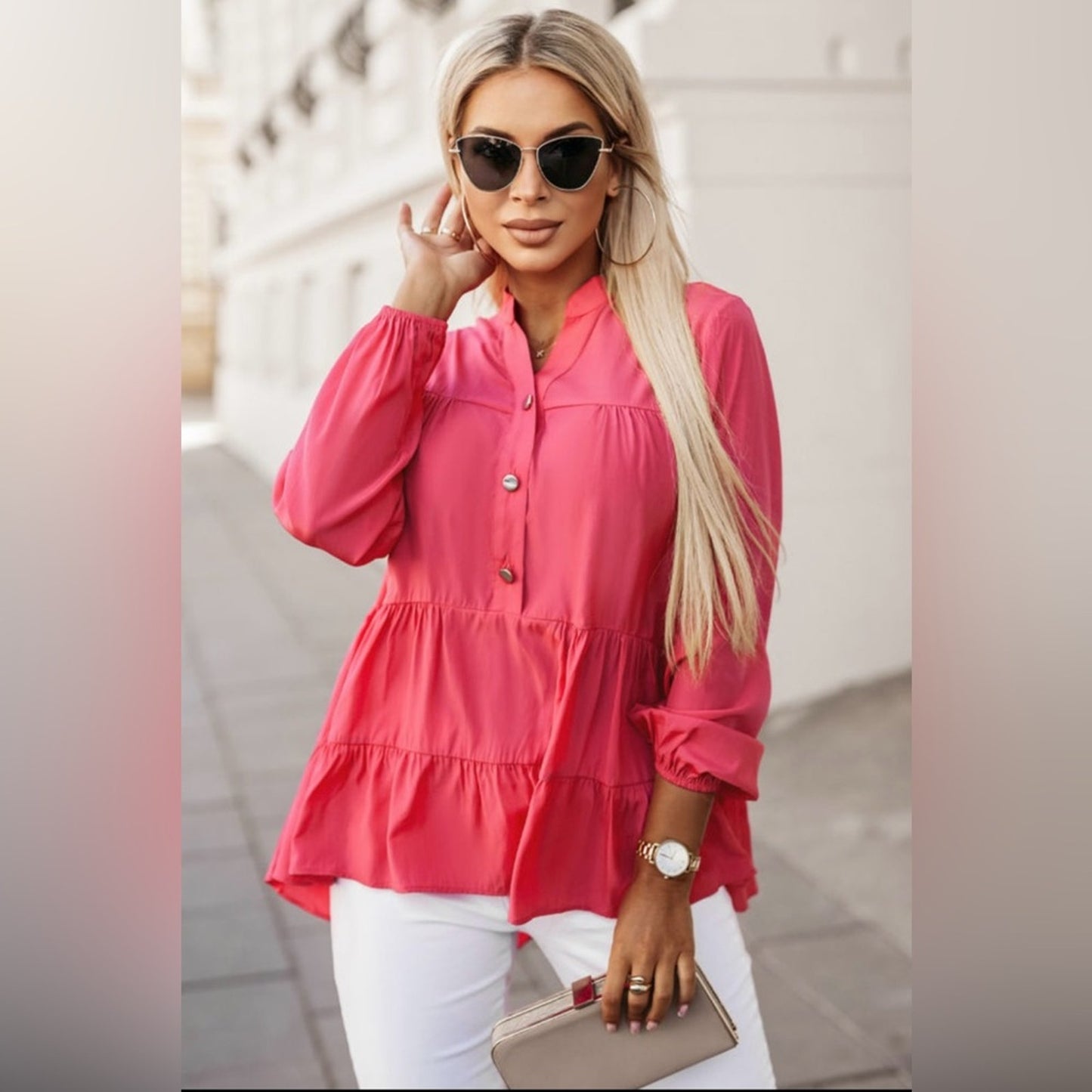 Francesca -Chic Pink Ruffle Blouse