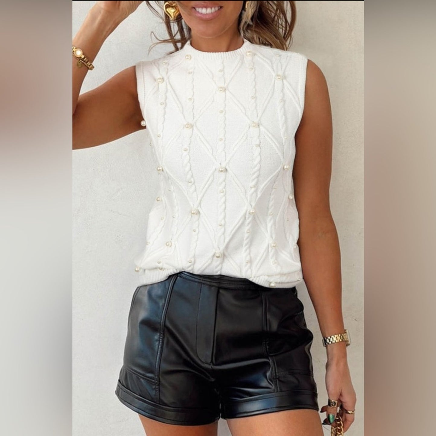 Pricilla- Elegant White Sleeveless Pearl Sweater Vest