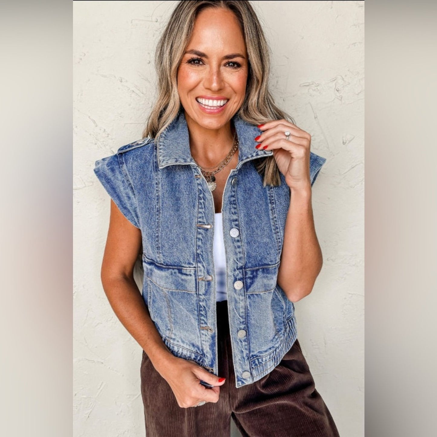 Ashley blue acid wash elastic hem button up jean jacket