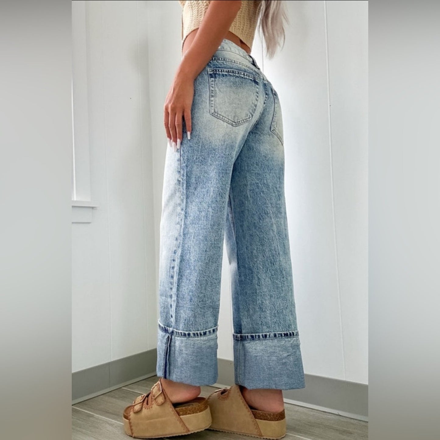 Becca high rise button light/medium wash cuffed jeans