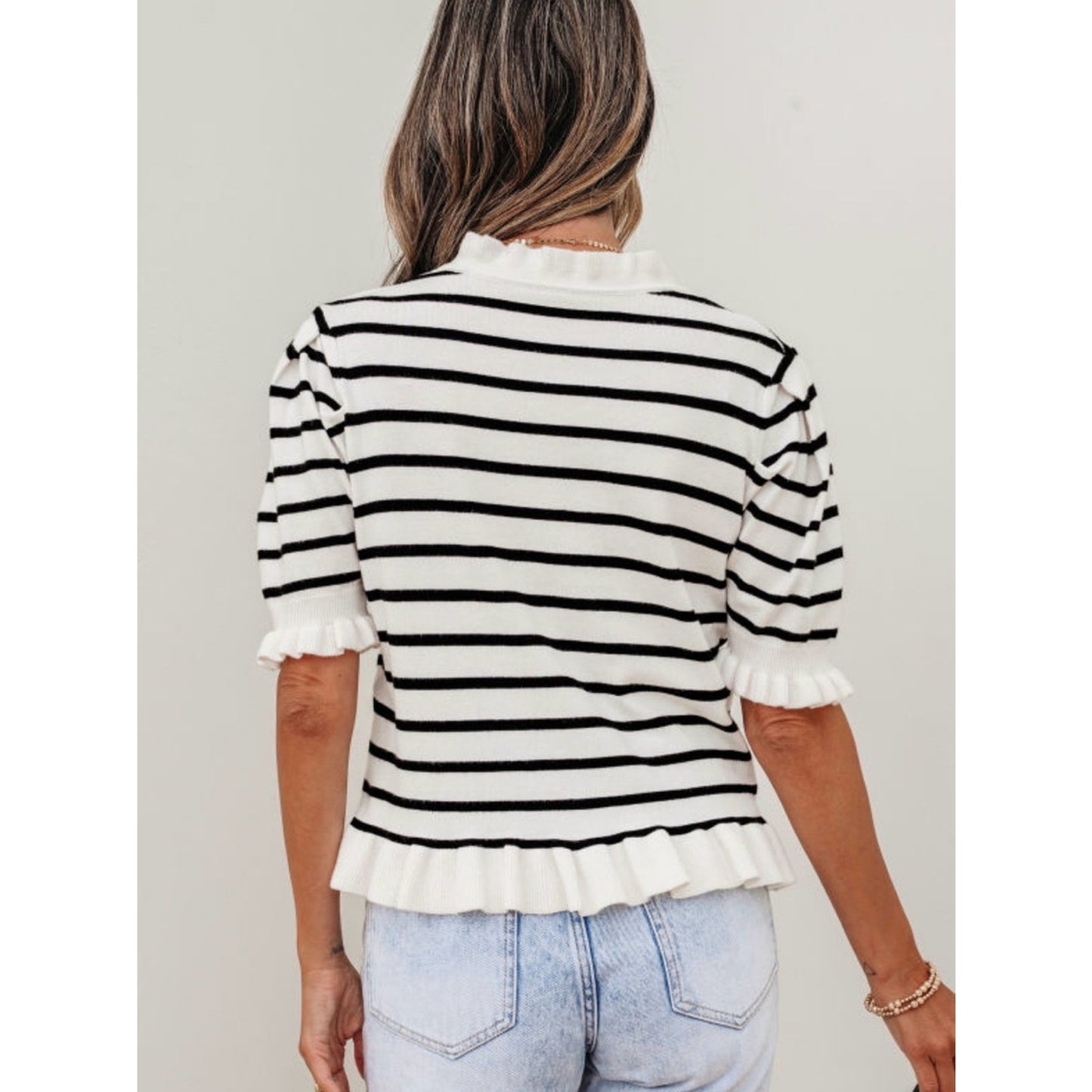 Bethany Striped Ruffle Button-Front Knit Top - White/Black