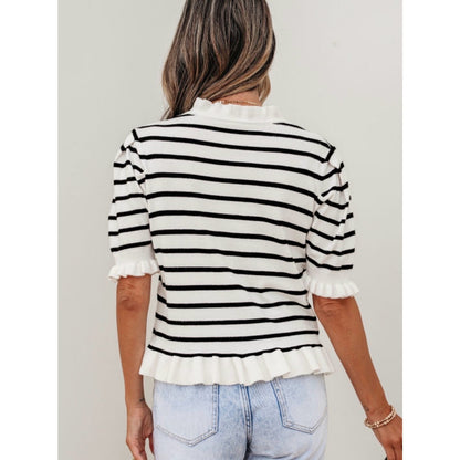 Bethany Striped Ruffle Button-Front Knit Top - White/Black