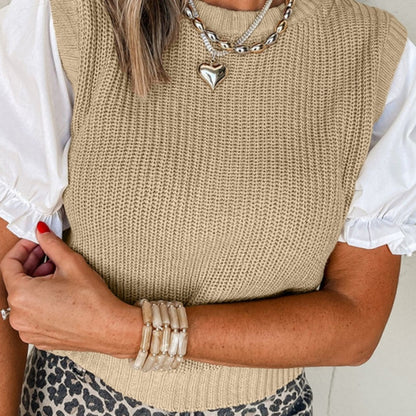 Claire- Stylish Tan Sweater Vest with Puff Sleeve Top