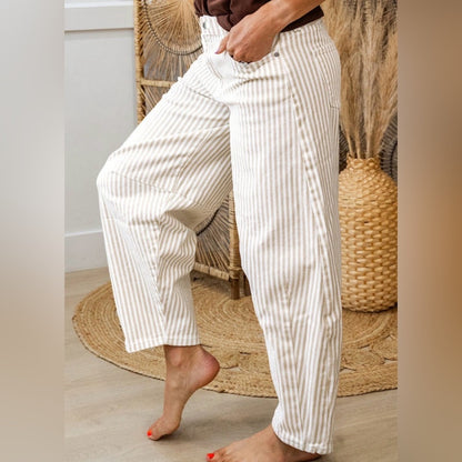 June- Khaki Stripe Barrel Jeans