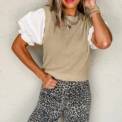 Claire- Stylish Tan Sweater Vest with Puff Sleeve Top