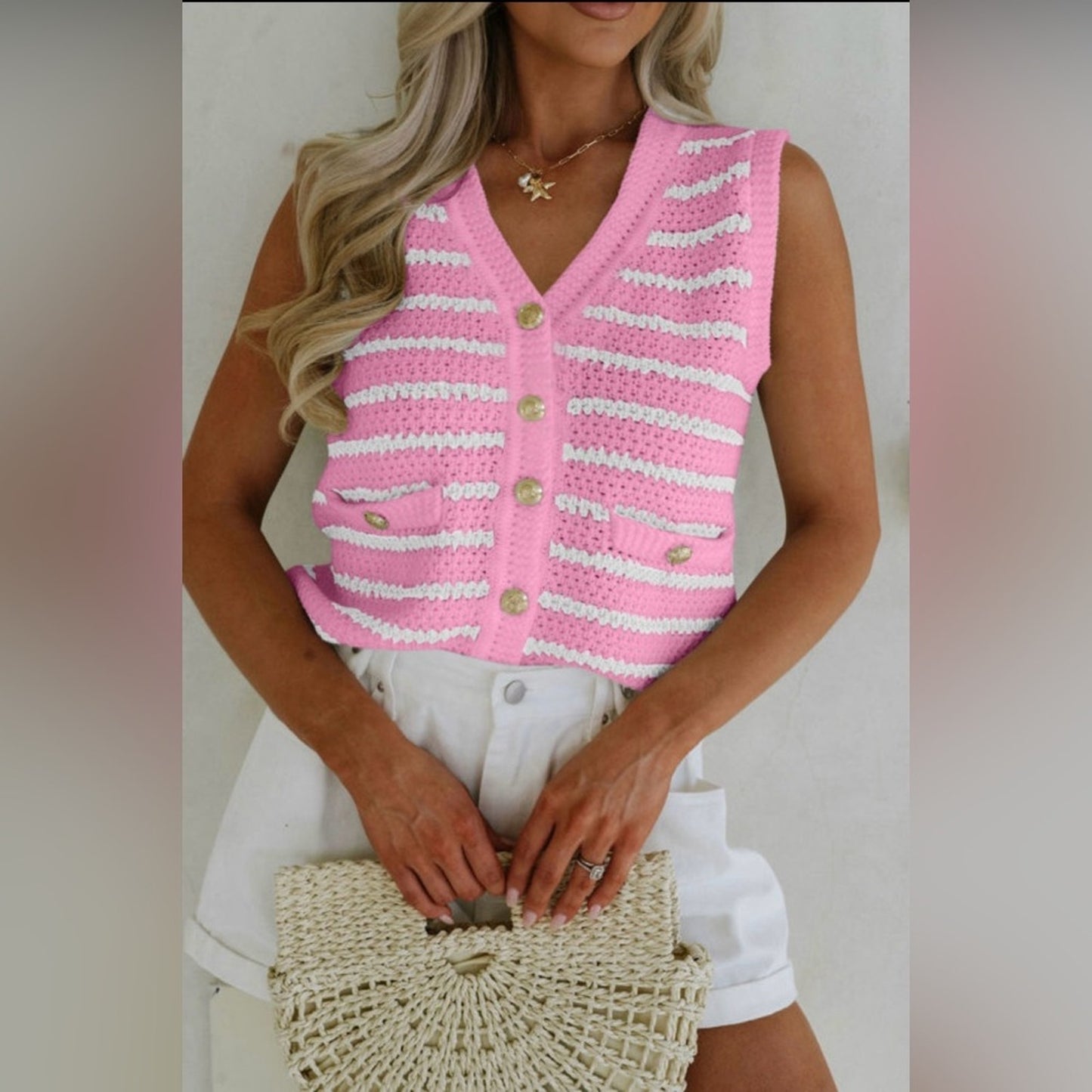 Caitlyn- Pink and White Striped Knit Vest