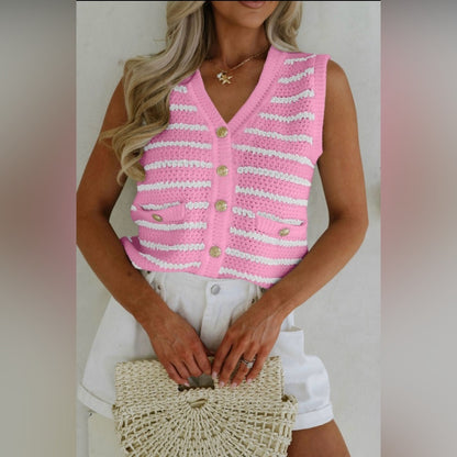 Caitlyn- Pink and White Striped Knit Vest