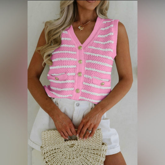 Caitlyn- Pink and White Striped Knit Vest