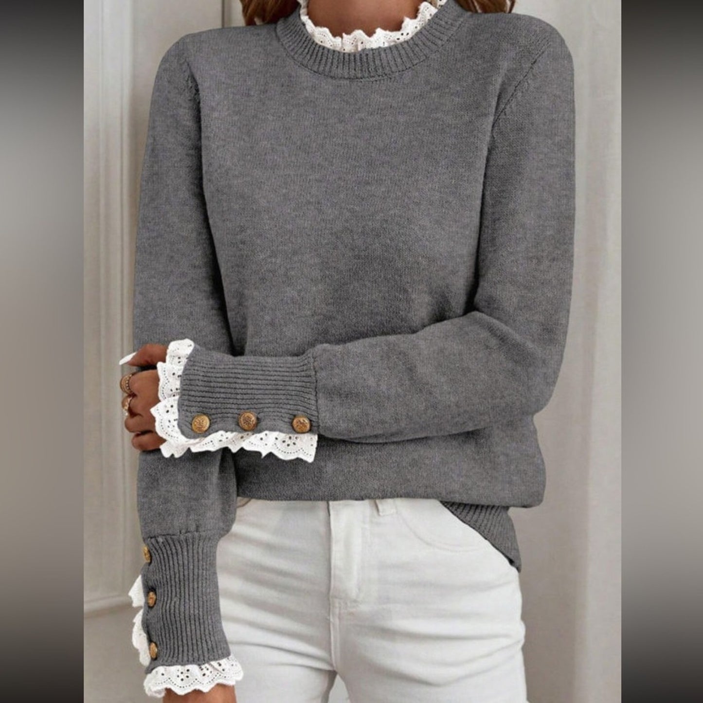 Quincy- Gray Sweater with Lace Cuff Detail