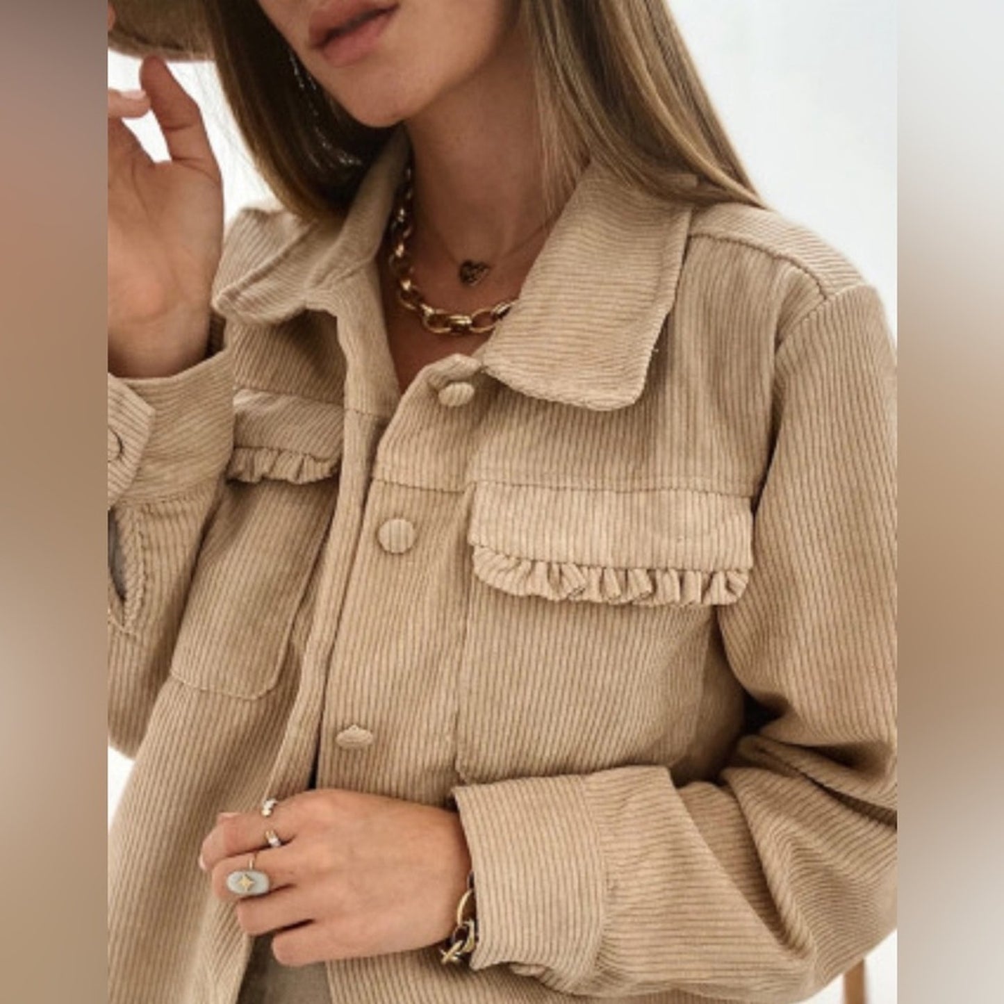 Jolie ruffle pocket button up shacket
