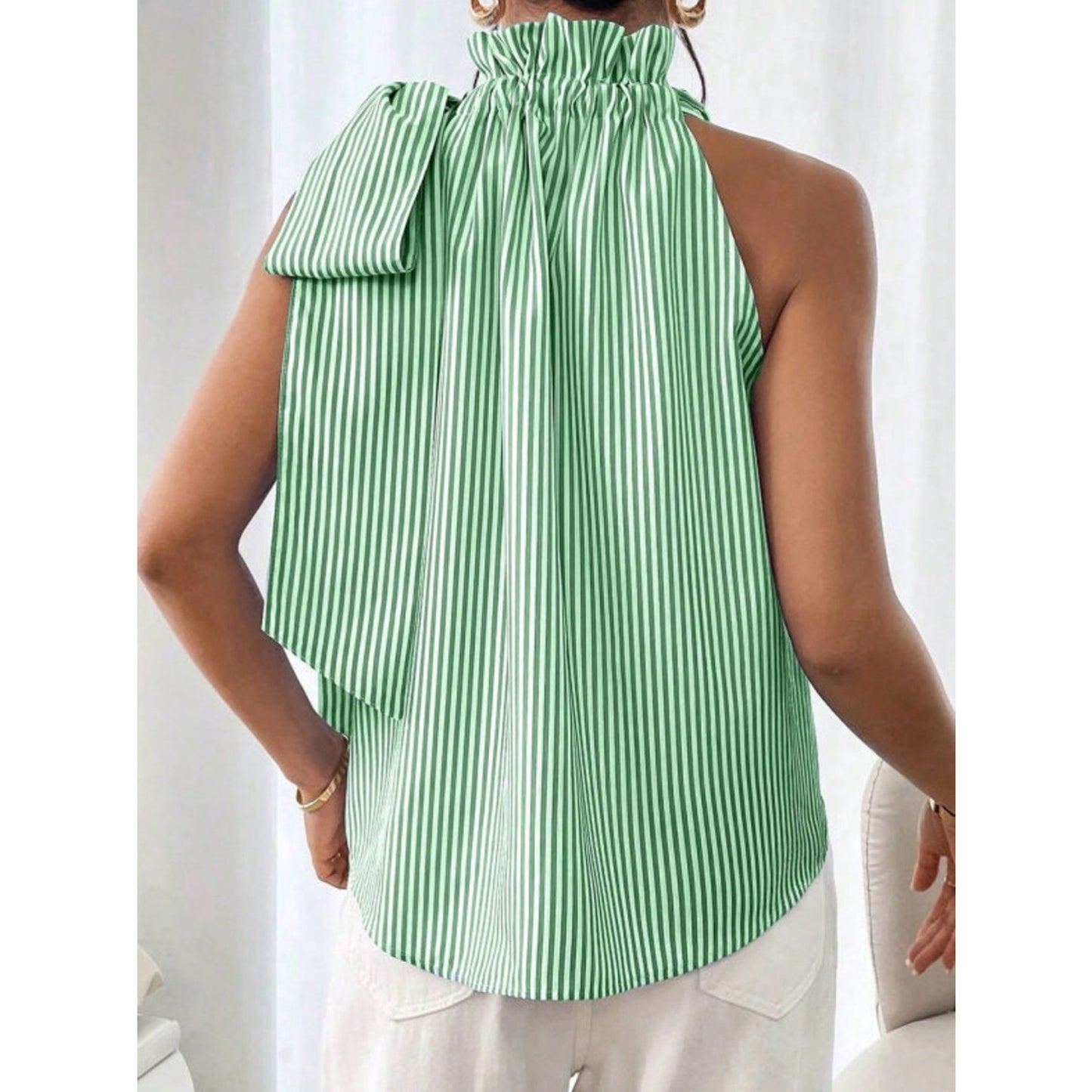 Kam Striped Green Halter Bow-Shoulder Top - Women