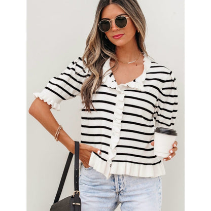 Bethany Striped Ruffle Button-Front Knit Top - White/Black